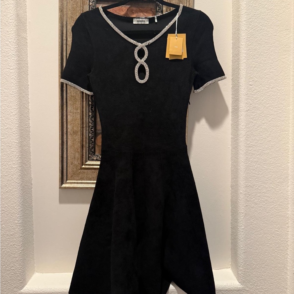 Sandro Black Midi Dress with Silver Crystal Trim